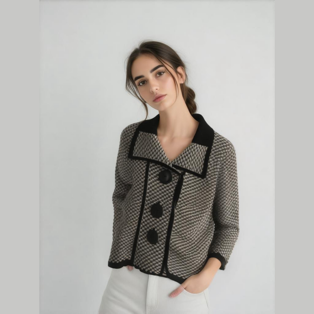 Sioni Women's Size Large Black & White Wool Blend Knit Artsy Cardigan Jacket